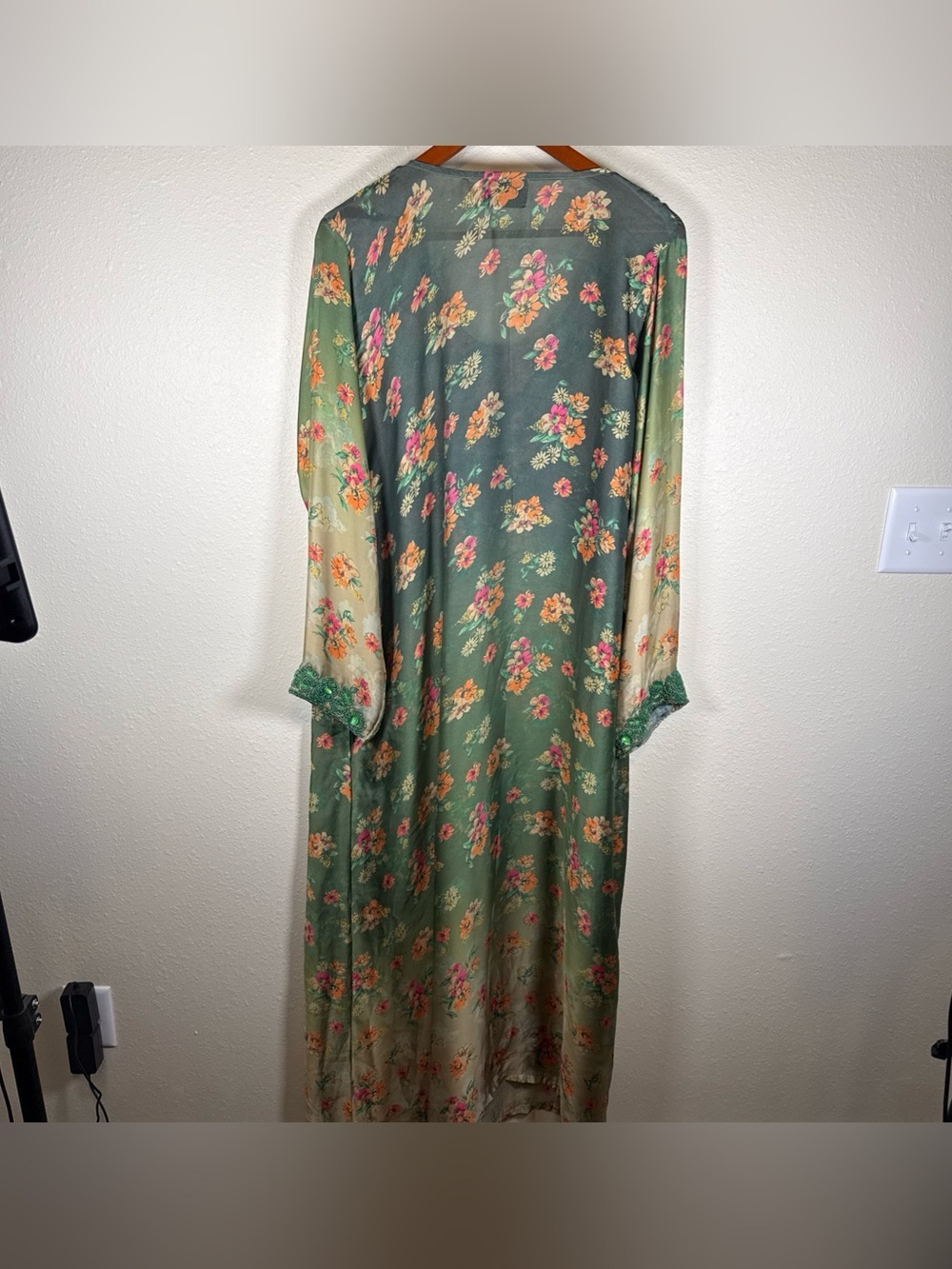 Floral Beaded Kaftan Green Orange Pink Long Sleeve Flowy L Semi Sheer Glam - Picture 6 of 8